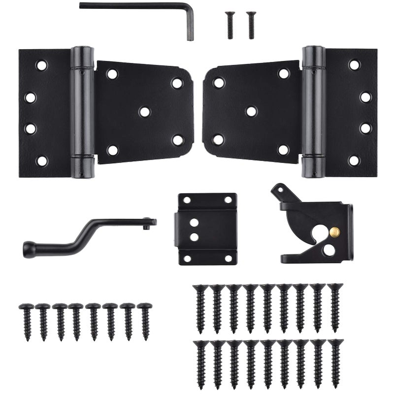 SANKINS Self-Closing Gate Hardware Kit,1 Pack Self-locking Gate Latch and 2 Pack 3.5inch Heavy Duty Adjustable Spring Gate Square Barn Hinges,Black Finish Gate Hardware Set for Wood Vinyl Fence Gate Shed Door - Image 2